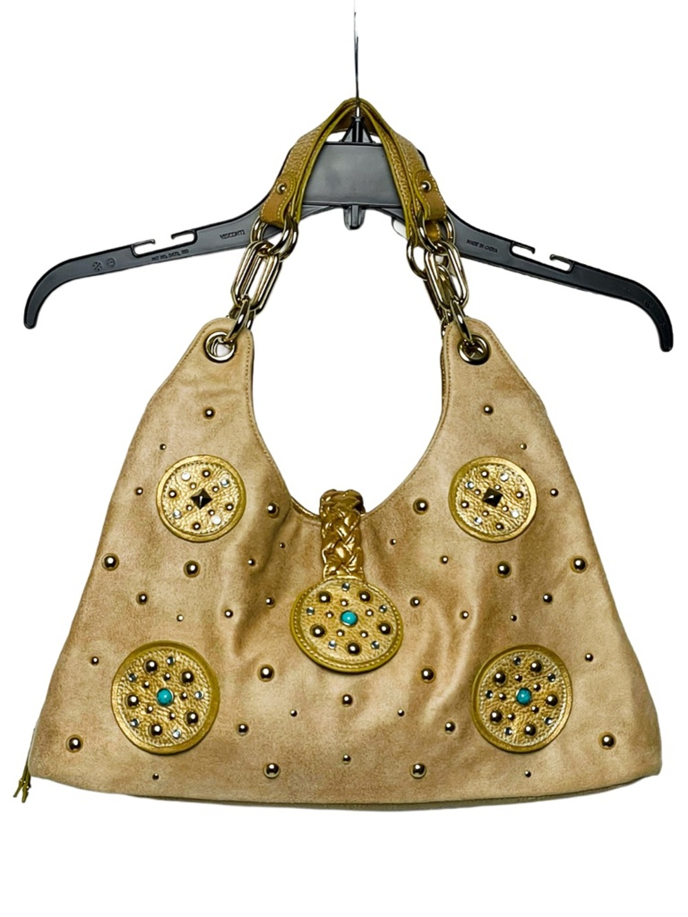 Tan Gold Studded Hobo Bag Turquoise Accents Y2K Boho Lexi Bloom